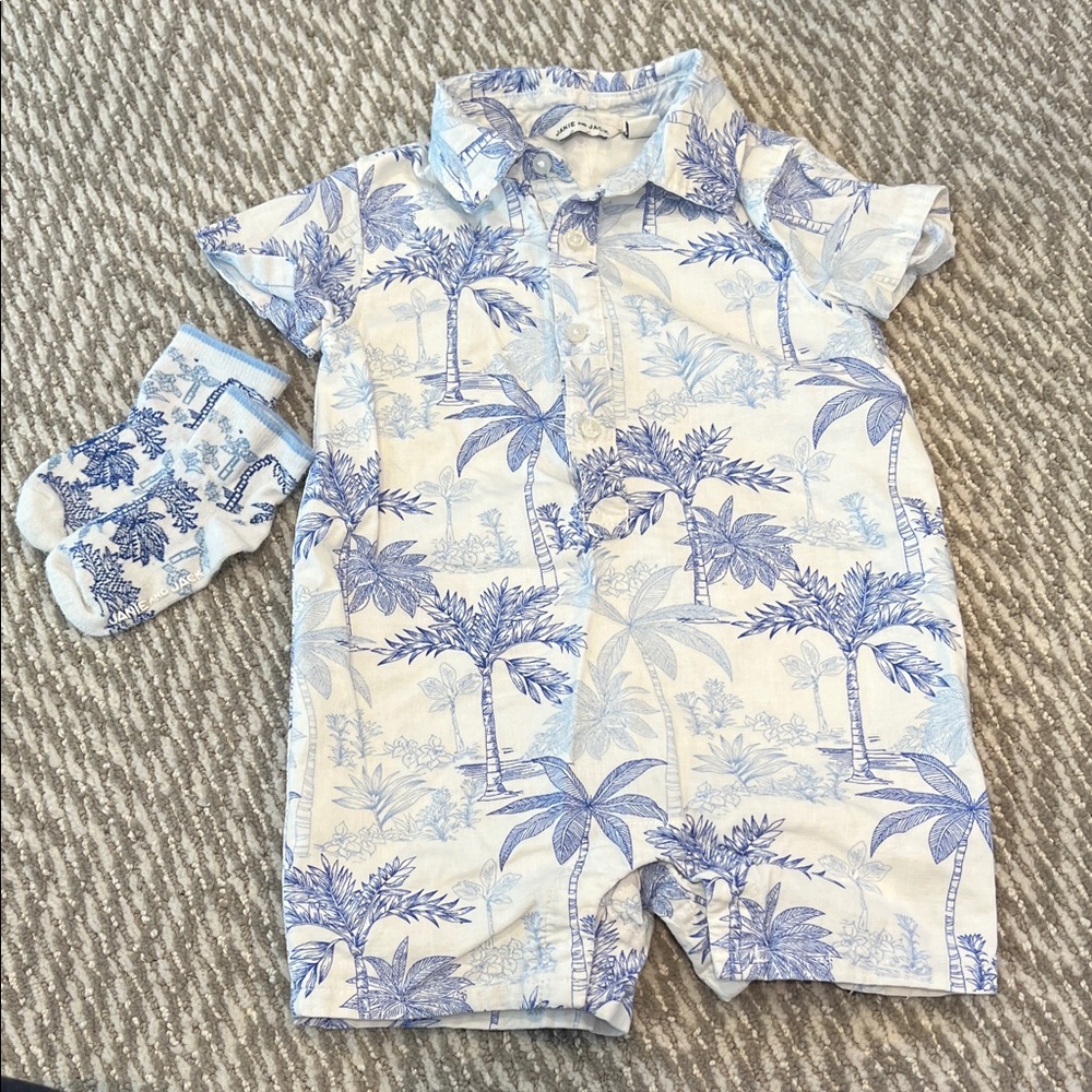 Janie and Jack Blue and White Baby romper with matching socks
